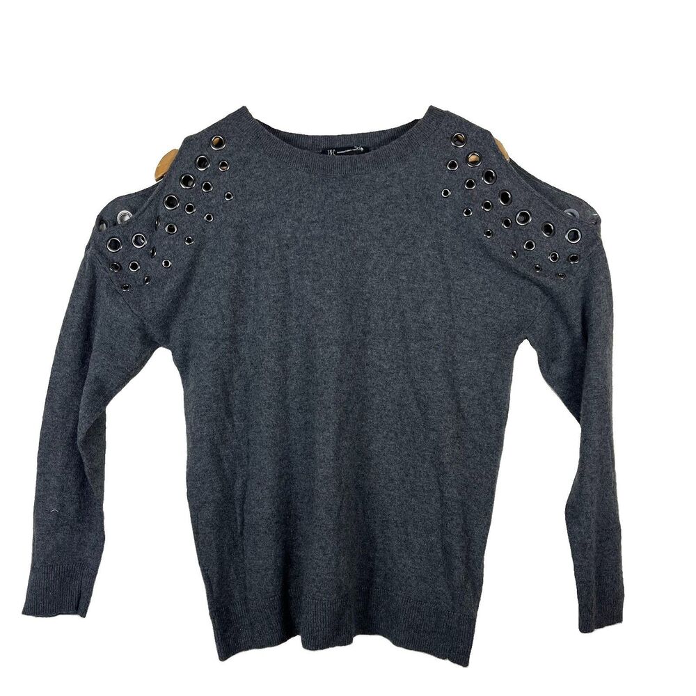 INC Cashmere Silk Wool Gray Cold Shoulder Grommet Knit Sweater Women’s L - Picture 2 of 16